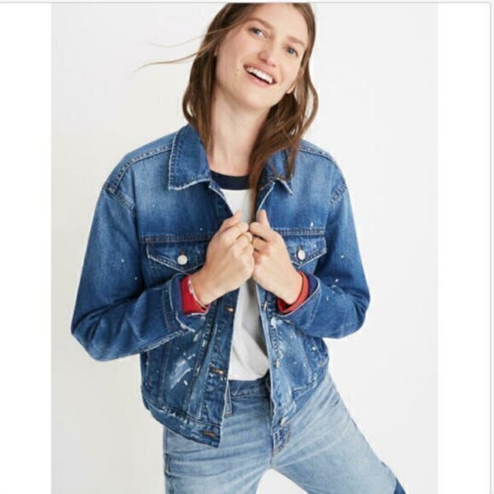 MADEWELL BOXY CROP PAINT SPATTER DENIM JEAN JACKET